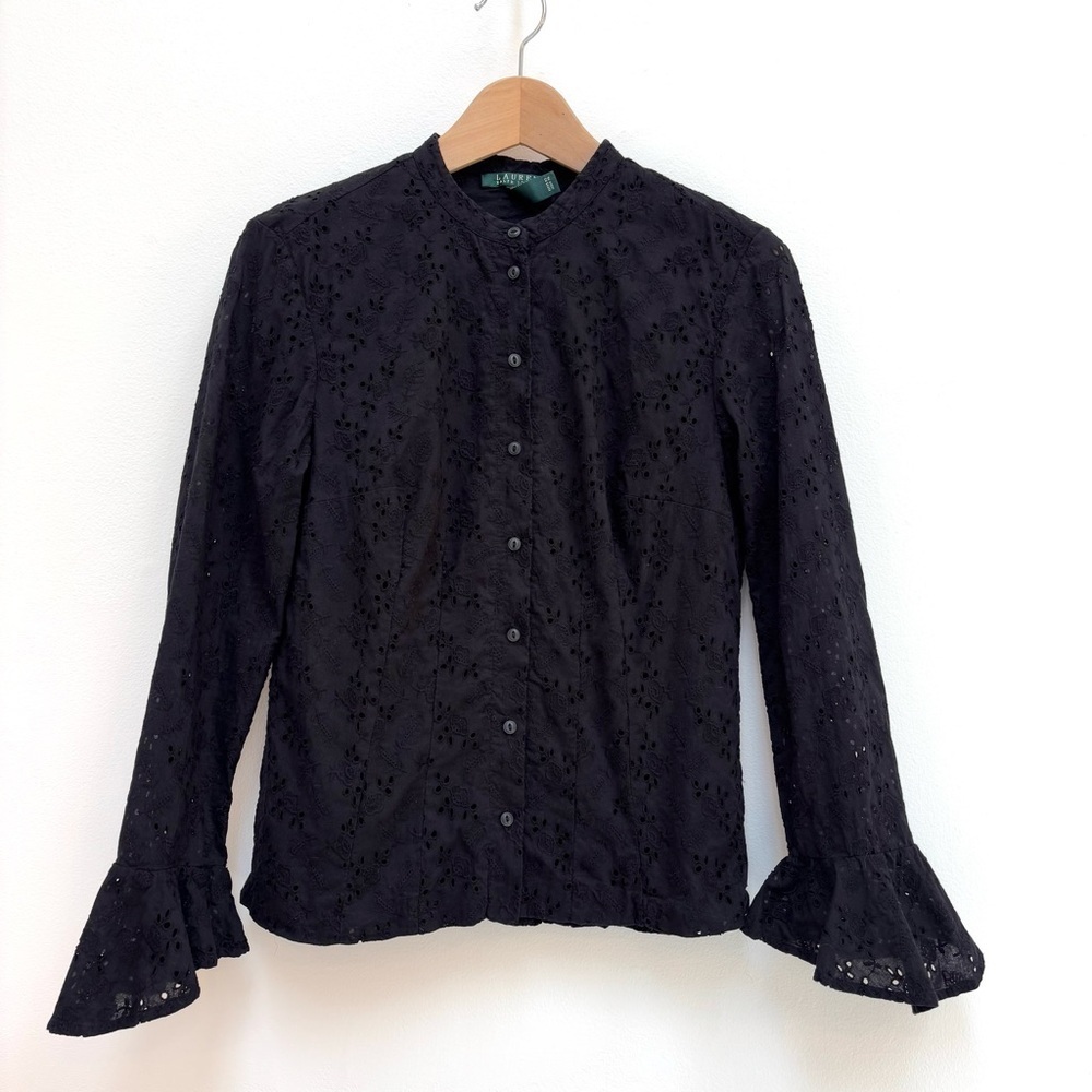 Lauren Ralph Lauren Eyelet Button Up Blouse Black Size 8 Ruffle Cottagecore